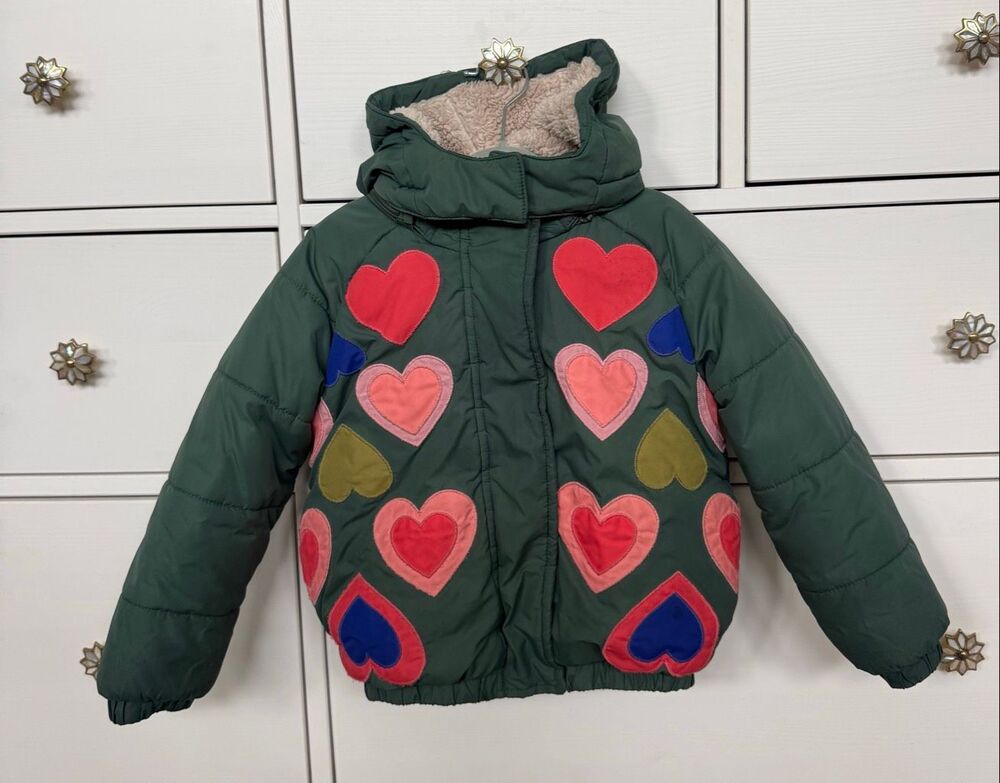 Mini Boden 2-3 Year Old Girls Appliqué Puffer Coat Jacket Green Hearts